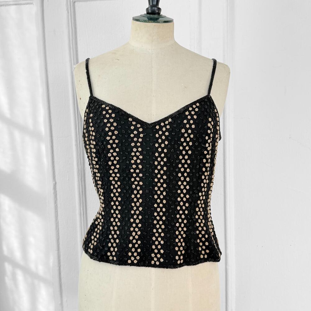 VTG Silk Beaded Camisole Top 80s Disco BodyCon Evening Wear  Cami Bedazzled